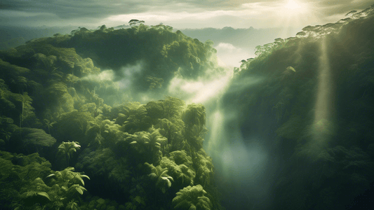 A stunning aerial view of a lush, verdant rainforest with rays of sunlight piercing through mist, as a photographer on a nearby cliff captures the scene, showcasing the intricate beauty and storytelli