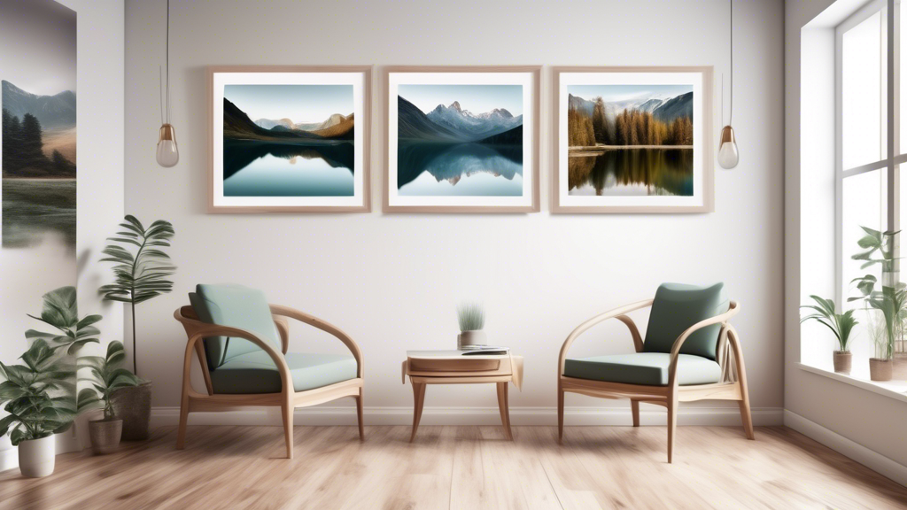 Create a serene art gallery environment showcasing a series of breathtaking landscape photo prints by Stephen Milner; include calming lighting, minimalist wooden frames on white walls, and visitors ad