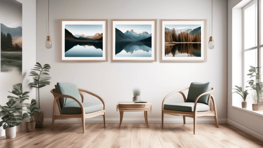 Create a serene art gallery environment showcasing a series of breathtaking landscape photo prints by Stephen Milner; include calming lighting, minimalist wooden frames on white walls, and visitors ad