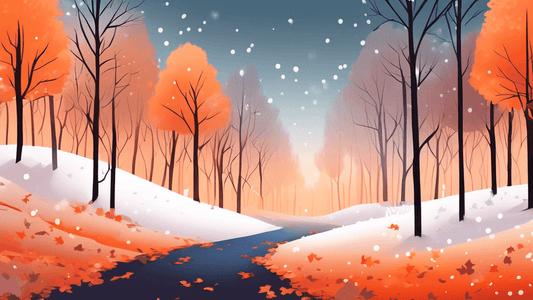 An enchanting forest transitioning from autumn to winter, with half-covered snowy paths, trees displaying a gradient of leaves changing from vivid orange to frosty white, under a serene twilight sky.