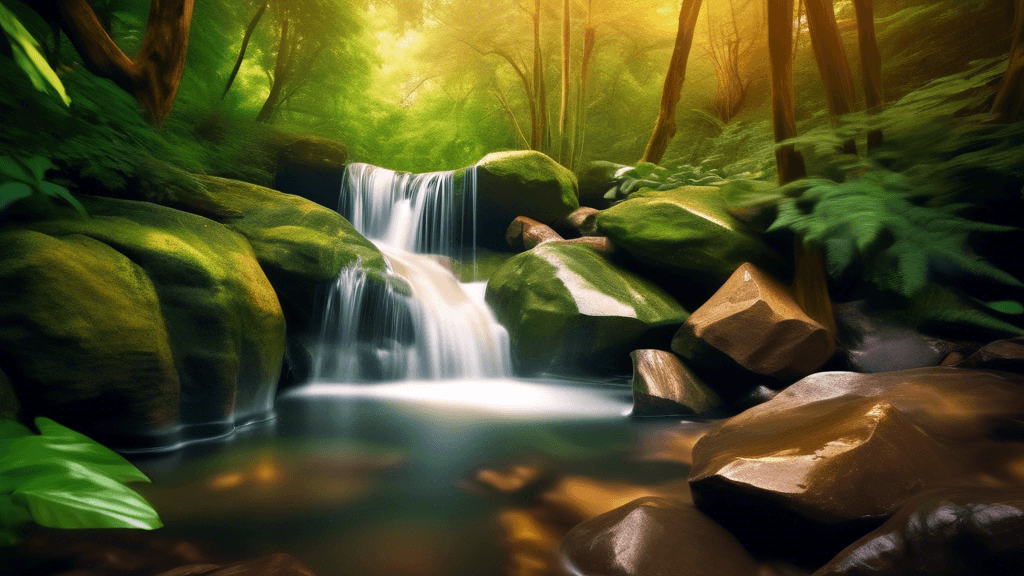 Slow shutter speed photography capturing a silky smooth waterfall in a lush green forest during golden hour, with detailed emphasis on the blurred motion of the water contrasted against sharp, station