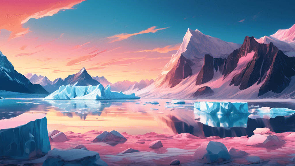 Capture a serene landscape dominated by a large, majestic glacier under a soft sunset, with warm golden and pink hues reflecting off the icy surface, surrounded by tranquil blue waters and a foregroun