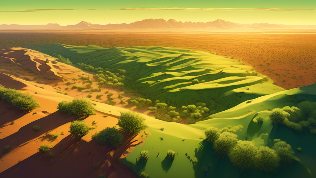 An aerial view of a dramatically lit, contrasting landscape showing half lush green forest and half barren desert, captured during golden hour with long shadows and rich textures, emphasizing the star