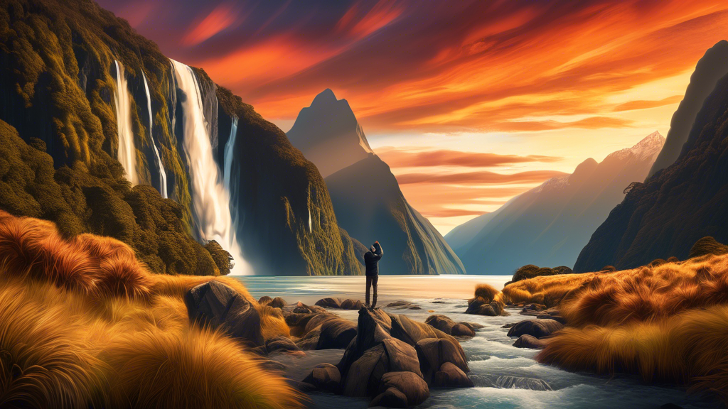 Stunning landscape composition showcasing a professional photographer capturing the serene beauty of New Zealand's Fiordland National Park, with majestic waterfalls and dramatic cliffs at golden hour,