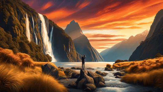 Stunning landscape composition showcasing a professional photographer capturing the serene beauty of New Zealand's Fiordland National Park, with majestic waterfalls and dramatic cliffs at golden hour,