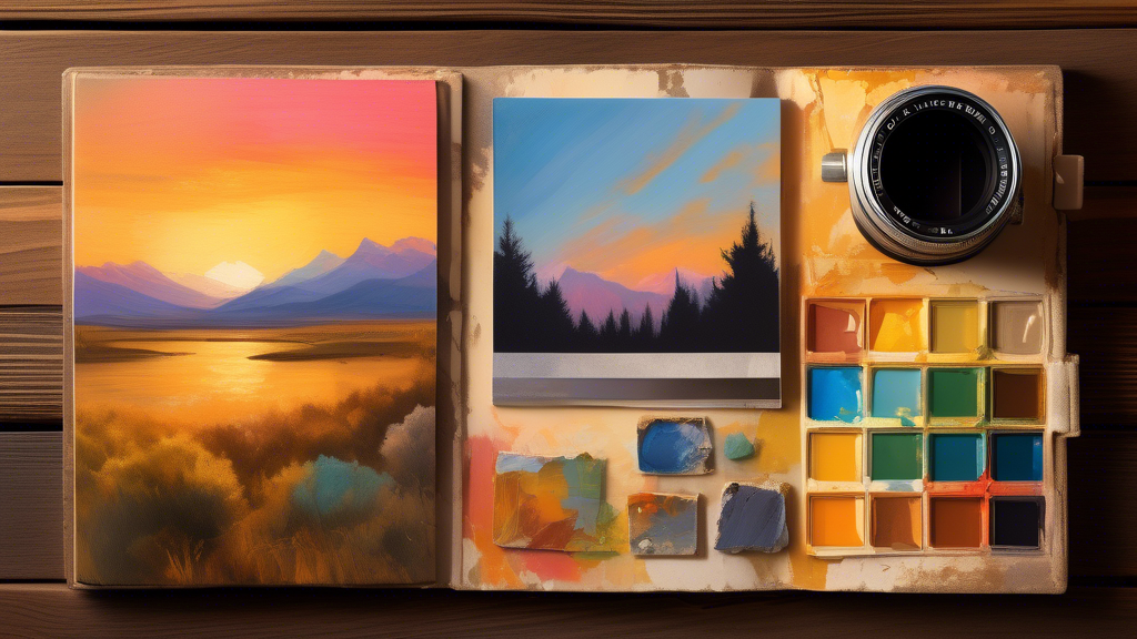 An artist's palette holding various shades of paint lies beside a digital camera on a textured wooden table, with an open photo album displaying brilliant landscape photographs, emphasizing rule of th