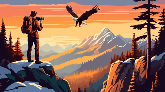 An adventurous photographer with a vintage camera standing on a rocky cliff, capturing the breathtaking view of a vast, untouched forest under the golden light of a setting sun, with snowy mountain pe