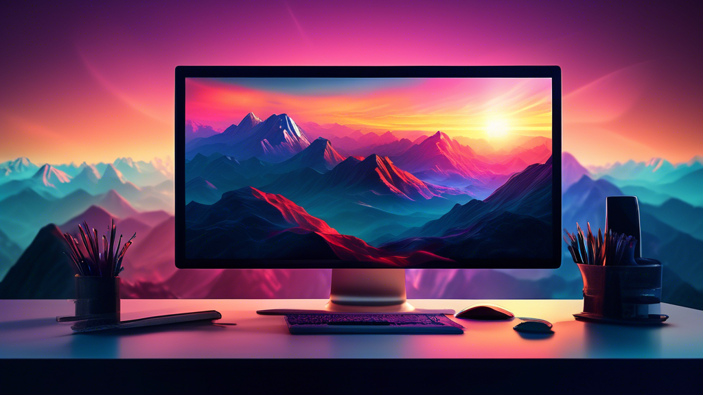 An artist digitally enhancing a stunning landscape photo of a mountain range at sunset on a high-tech computer, showcasing various editing tools and techniques displayed on the screen, in a modern, we