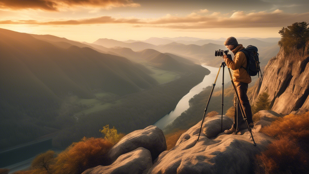 Create a captivating image of a landscape photographer standing on the edge of a rocky cliff, equipped with a high-quality camera and tripod. The scene should capture the golden hour with dramatic lig