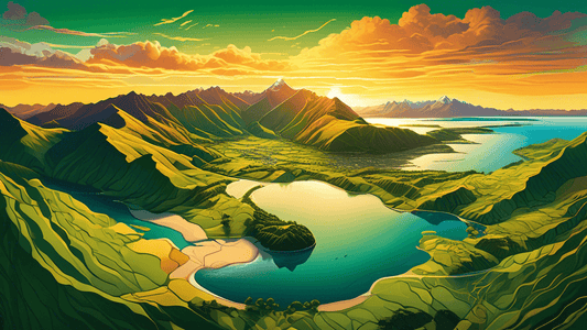 An aerial panoramic view showcasing the diverse landscapes of New Zealand, featuring lush green hills, rugged mountains, vibrant beaches, and winding rivers, illuminated by a golden sunset.