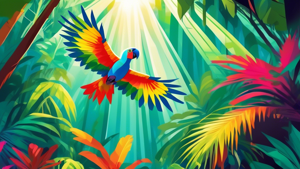 An enthusiastic photographer in a vibrant rainforest, capturing the unexpected flight of a colorful parrot, with sunlight filtering through the dense canopy above.