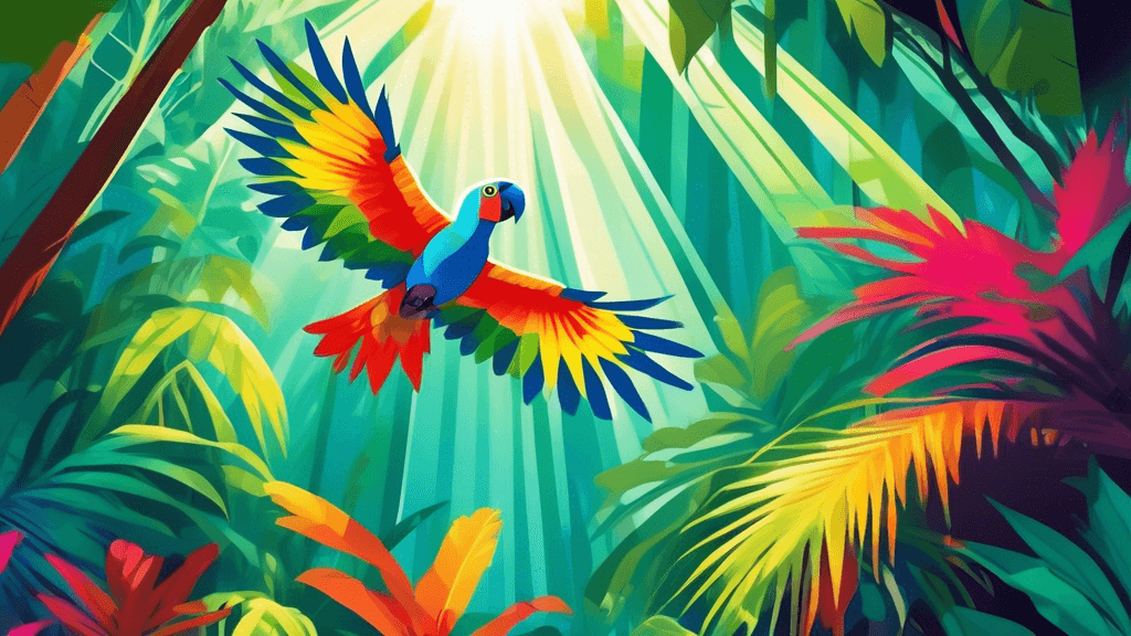 An enthusiastic photographer in a vibrant rainforest, capturing the unexpected flight of a colorful parrot, with sunlight filtering through the dense canopy above.