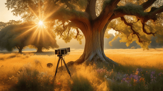 A serene landscape at golden hour, featuring a photographer adjusting a vintage camera on a tripod, with the scene meticulously capturing the play of the warm, golden sunlight filtering through an anc