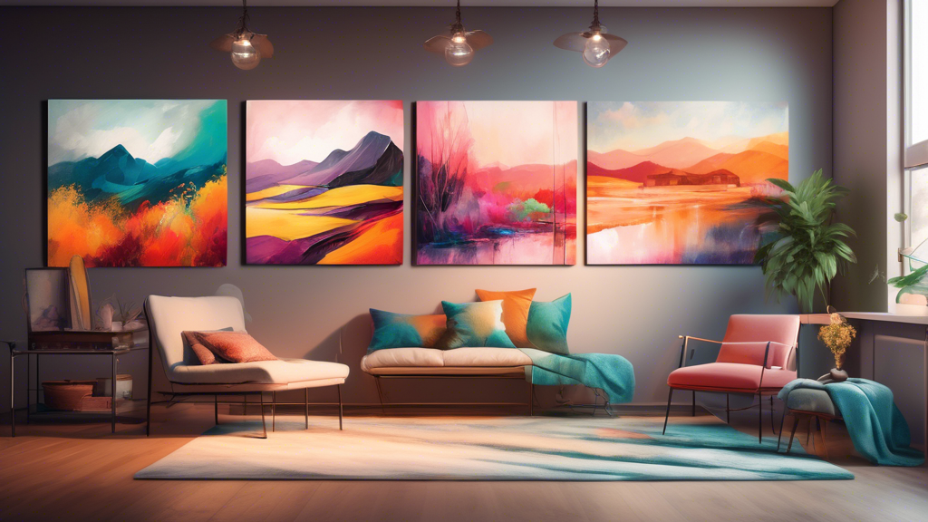 An artistic studio filled with samples of landscape wall art, showing a side-by-side comparison of vibrant canvas prints and sleek metal prints, with a painter examining the textures under soft, ambie