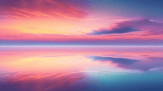 An ethereal landscape where the boundaries between land, sea, and sky blur into a seamless, harmonious panorama under a surreal twilight sky, featuring a soft, glowing horizon line delicately balancin