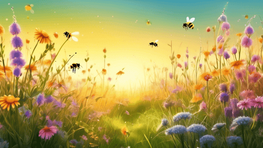 Vibrant spring meadow at sunrise, bursting with wildflowers and busy bees, dew-covered grass shimmering in the soft morning light, in the style of a high-resolution nature photography.