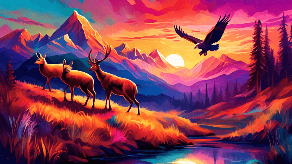 Create an enchanting digital painting of a vibrant sunset at a majestic mountain range with various wildlife such as deer, eagles, and rabbits seamlessly integrated into the landscape, reflecting a ha