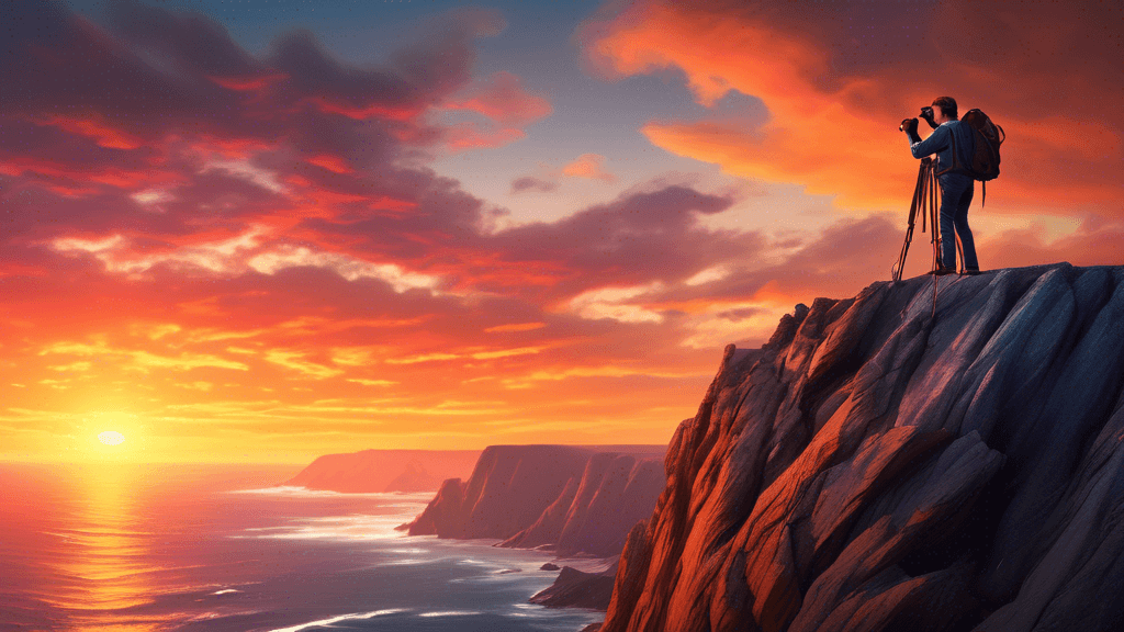 An intrepid photographer balancing on a narrow cliff edge, camera in hand, with a breathtaking sunset illuminating the rugged coastline below, captured in a hyper-realistic style.