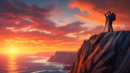 An intrepid photographer balancing on a narrow cliff edge, camera in hand, with a breathtaking sunset illuminating the rugged coastline below, captured in a hyper-realistic style.