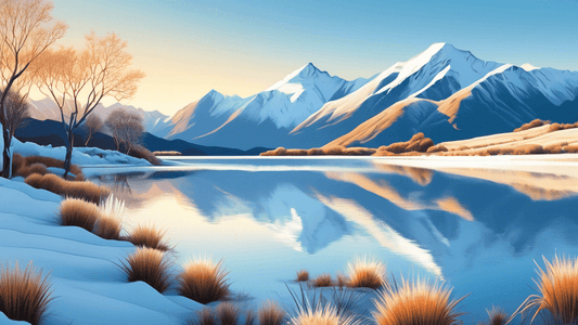 Serene winter landscape in New Zealand with snow-covered mountains and a tranquil, partially frozen lake, under a clear blue sky during golden hour, with native flora subtly framing the scene.