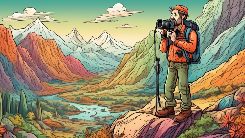 An artistically confused photographer standing in a breathtakingly beautiful but challenging mountainous landscape, unintentionally committing common photography mistakes like using the wrong lens, in