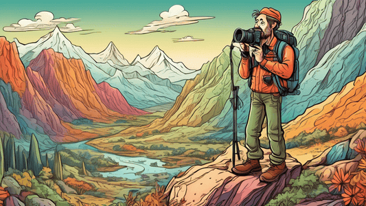 An artistically confused photographer standing in a breathtakingly beautiful but challenging mountainous landscape, unintentionally committing common photography mistakes like using the wrong lens, in