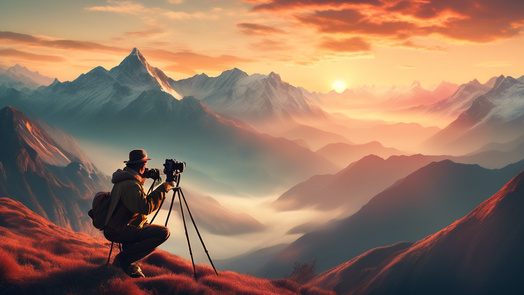 An awe-inspiring panoramic view of a vast mountain range during sunrise, with a photographer in the foreground setting up a vintage camera on a tripod, subtly capturing the interaction between human a