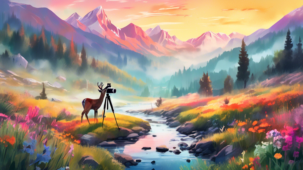 A serene mountain landscape at sunrise, featuring a beginner photographer setting up a vintage camera on a tripod, surrounded by wildflowers and a distant view of a deer drinking from a stream, with v