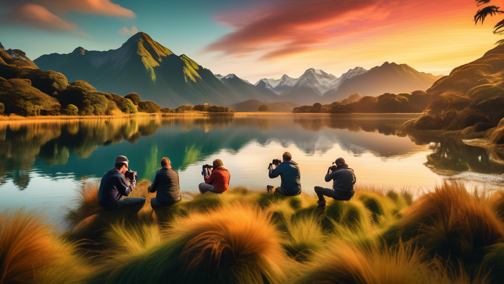 Stunning landscape photograph seamlessly taken in Aotearoa featuring crystal-clear lakes, majestic mountains, and verdant forests during golden hour, with a diverse group of photographers in the foreg
