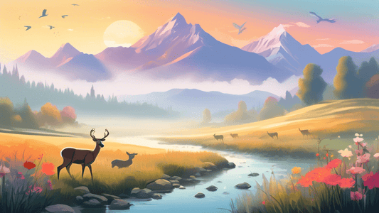 Serene landscape at sunrise featuring a harmonious scene with deer grazing near a flower-covered meadow, birds flying over a nearby stream, all encapsulated by mist-shrouded mountains in the backgroun