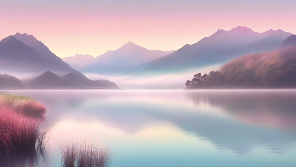 Peaceful New Zealand landscape at dawn, featuring soft light over a tranquil lake surrounded by mountains, with mist rising off the water and a colorful sky in pastel tones.
