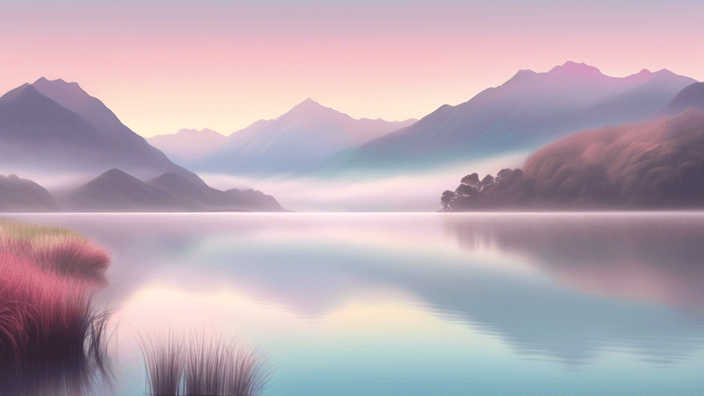 Peaceful New Zealand landscape at dawn, featuring soft light over a tranquil lake surrounded by mountains, with mist rising off the water and a colorful sky in pastel tones.