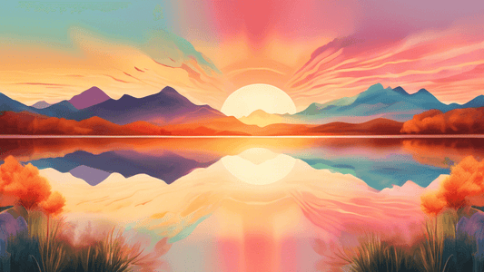 An artistic split scene depicting a serene landscape divided in the middle; on the left side, a vibrant sunrise with soft pastel colors illuminating a peaceful lake and on the right, a fiery sunset ca