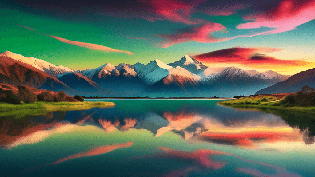 Stunning panorama of a lush, green valley with snow-capped mountains in the background under a vibrant sunset sky, reflecting on a serene lake in New Zealand, capturing the essence of a perfect landsc