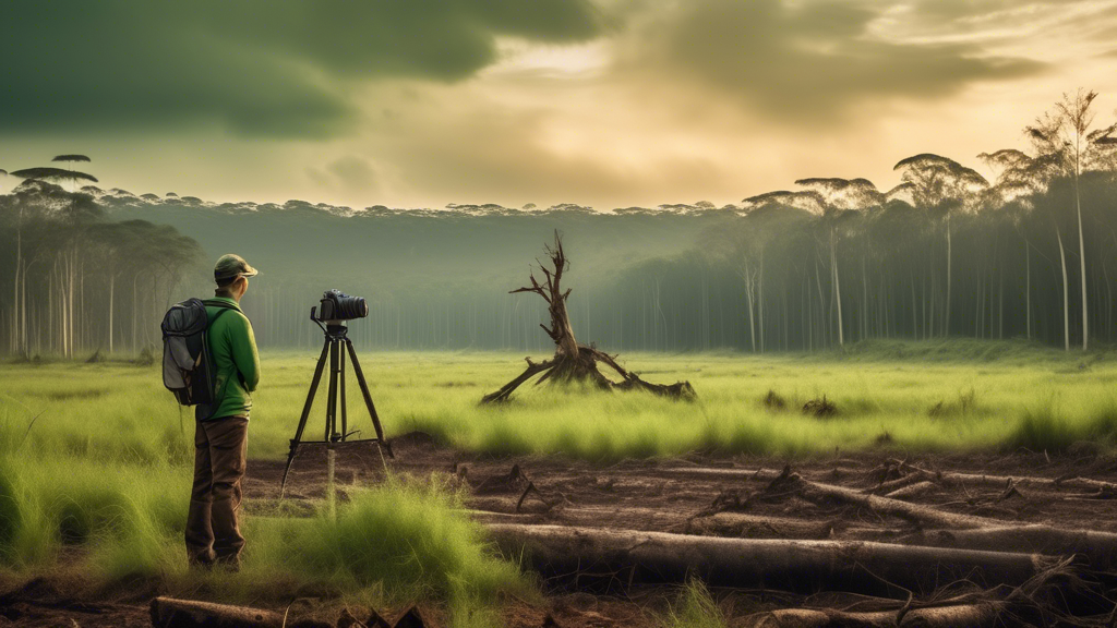 A powerful image of a photographer with a camera on a tripod, standing at the edge of a formerly lush forest now devastated by deforestation, with half the image showing the vibrant, green, healthy fo