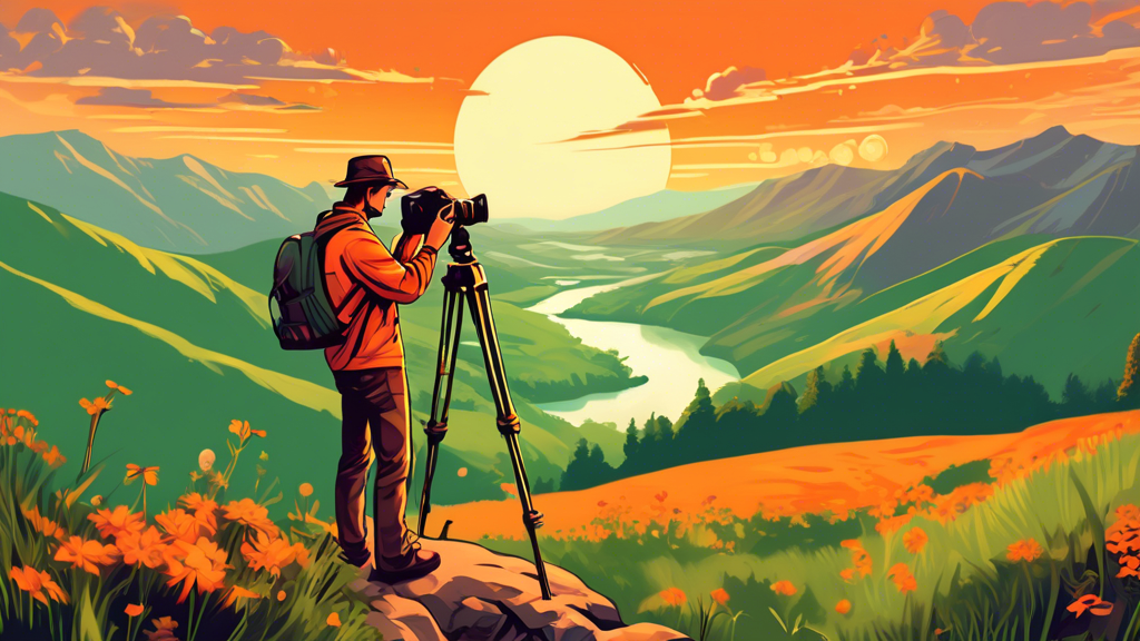 An enthusiastic beginner photographer standing on a serene mountain top at sunrise, setting up a vintage camera on a tripod, with a breathtaking panoramic view of a lush green valley below, dotted wit