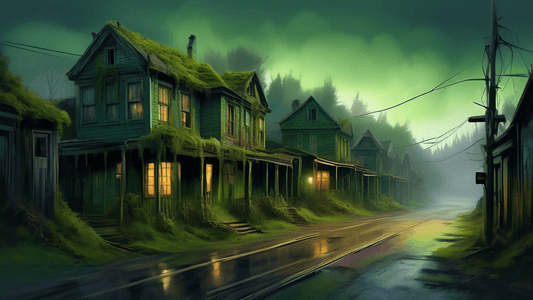 An eerie yet captivating digital painting of a deserted street in a New Zealand ghost town at twilight, with nature reclaiming the dilapidated buildings and old wooden houses, overgrown with lush gree