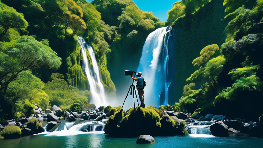 Stunning image of a professional photographer with a tripod and camera, dressed in outdoor gear, capturing a breathtaking waterfall surrounded by lush greenery in New Darutanga National Park, New Zeal
