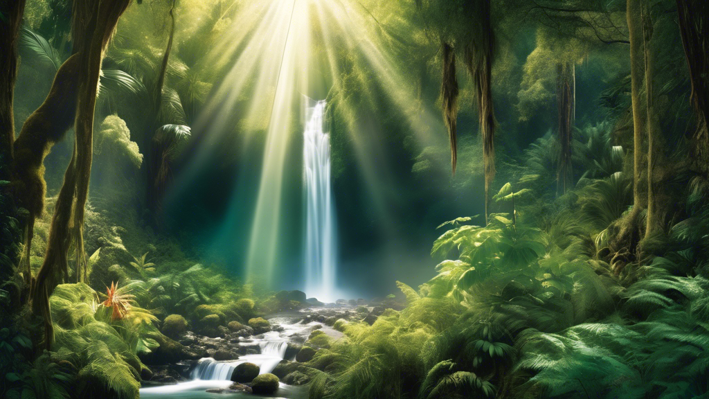 Panoramic view of a breathtaking hidden waterfall amidst lush greenery in a secluded forest of New Zealand, with rays of sunlight piercing through the mist, showcasing diverse native flora and fauna.