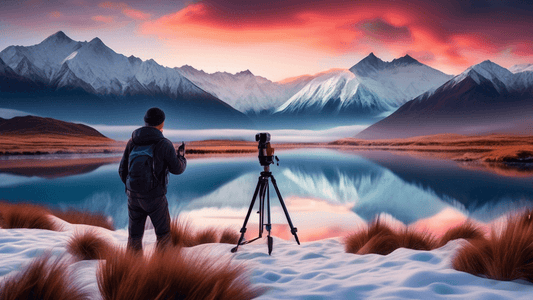 An ethereal sunrise illuminating the snowy peaks of the Southern Alps in New Zealand, with a photographer setting up a tripod and camera in the foreground, capturing the breathtaking landscape.