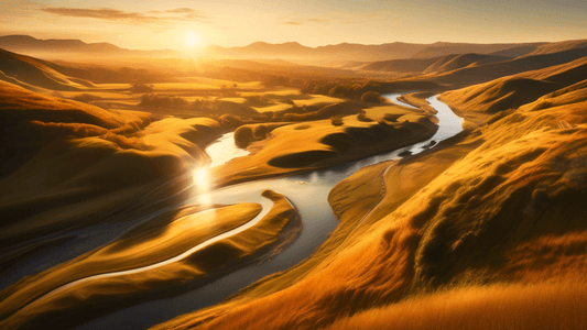 An ethereal scene showcasing a dramatic landscape during golden hour, with the sun casting long shadows and warm, golden light over rolling hills and a meandering river, highlighting the stunning effe