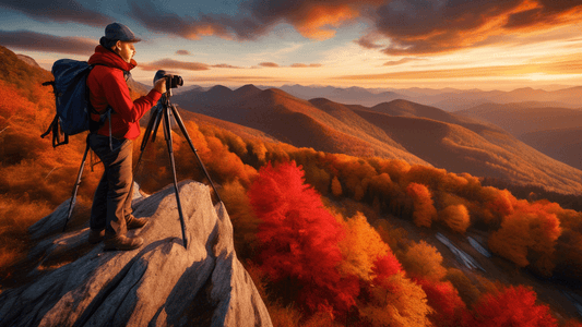 Create an image of a professional photographer standing on a high mountain peak at sunset, with a wide-angle camera on a tripod, capturing the vibrant palette of colors in the sky and surrounding land