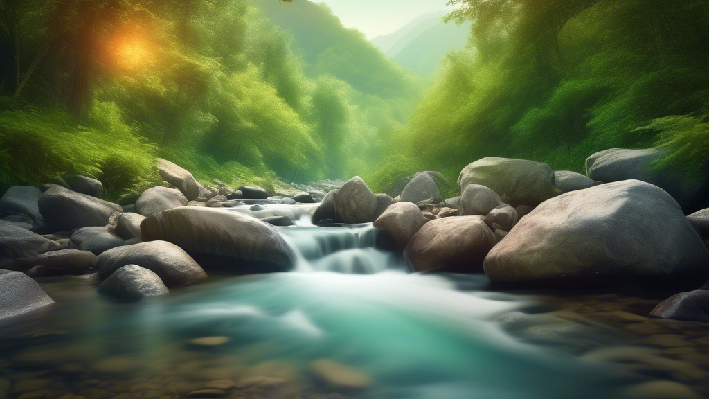 Serene mountain stream surrounded by lush green forest under a soft morning light, with smooth water flowing over rocks, captured in the style of fine art photography.