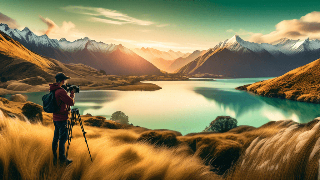 Stunning panoramic view of New Zealand landscapes including snow-capped mountains, lush green valleys, and crystal clear lakes, with a photographer in the foreground setting up a camera on a tripod du