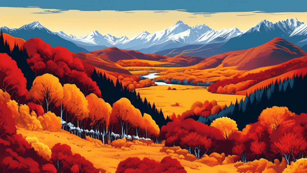 Stunning panoramic landscape of a New Zealand forest in autumn, showcasing vibrant fall foliage with a mix of deep reds, bright oranges, and golden yellows, with a distant snow-capped mountain range a