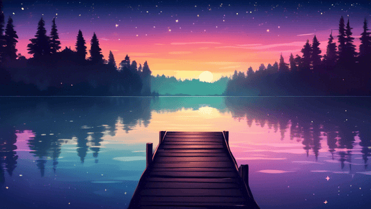 Serene sunset over a tranquil lake with a rustic wooden jetty extending into the water, surrounded by lush forests and a clear, starry sky.