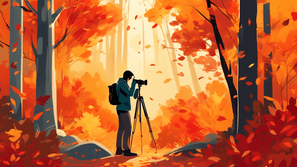 A serene landscape depicting a photographer, mid-action, capturing vibrant autumn foliage in a lush forest, with golden, orange, and red leaves floating gently around, and soft sunlight filtering thro