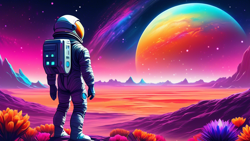 An astronaut standing on the edge of a vast alien landscape, looking out towards a rising galaxy, with a futuristic spacecraft in the background and unknown colorful flora swaying in the alien breeze.