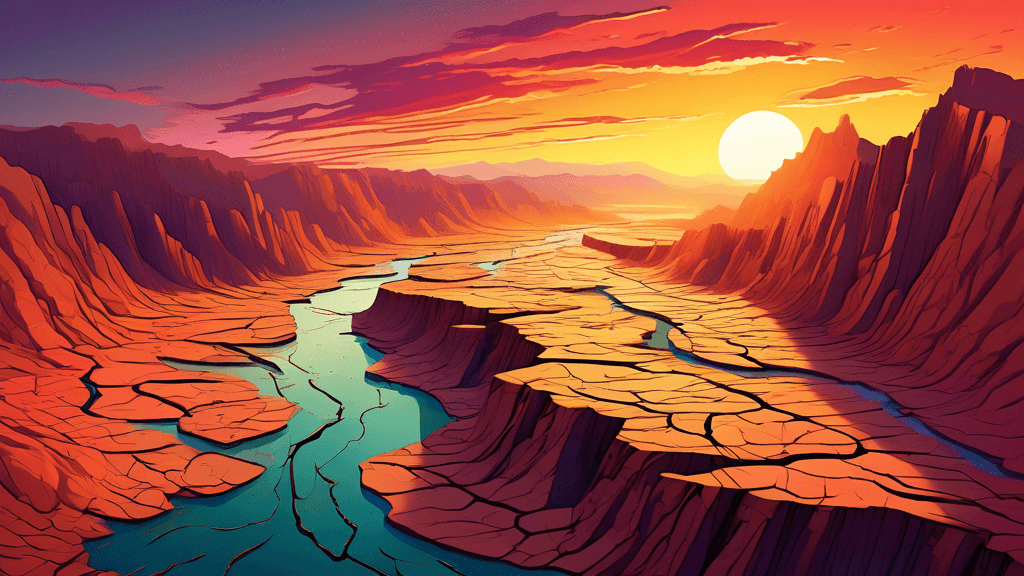 An artistic rendering of a dramatically altered landscape following a major earthquake, showing a once serene river valley now fractured with deep crevices and uplifted layers of earth, with a sunset 