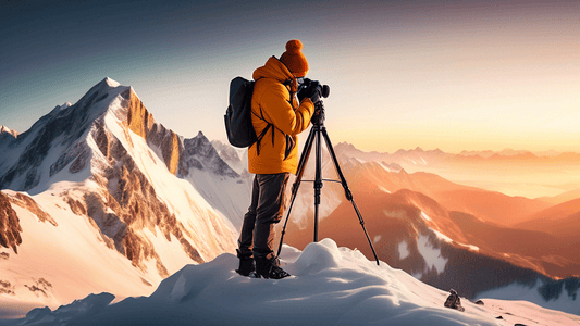 An adventurous photographer dressed in winter gear, adjusting a DSLR camera on a tripod at the snowy peak of a majestic mountain during sunrise, with panoramic views of the surrounding alpine landscap